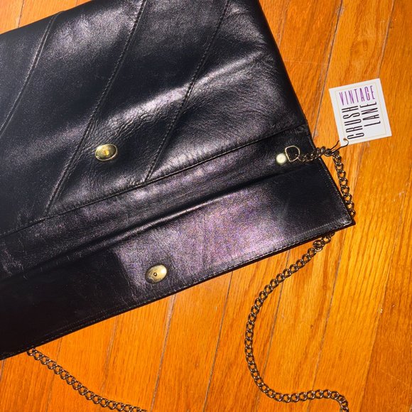 Vintage Black Genuine Leather Clutch with Chain - Picture 8 of 10